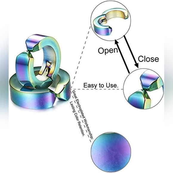 Rainbow Titanium Iridescent Stainless Steel Magnetic Hinged Hoop Clip Earrings - Picture 5 of 16